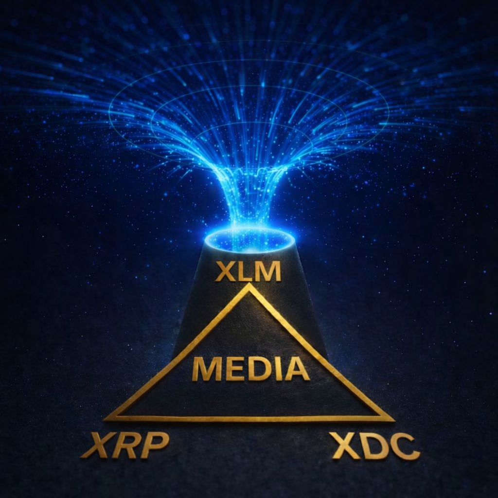 Blue black hole portal teleporting users into the XDC token economy, connecting XDC, XRP, and XLM media in an interlinked triad.